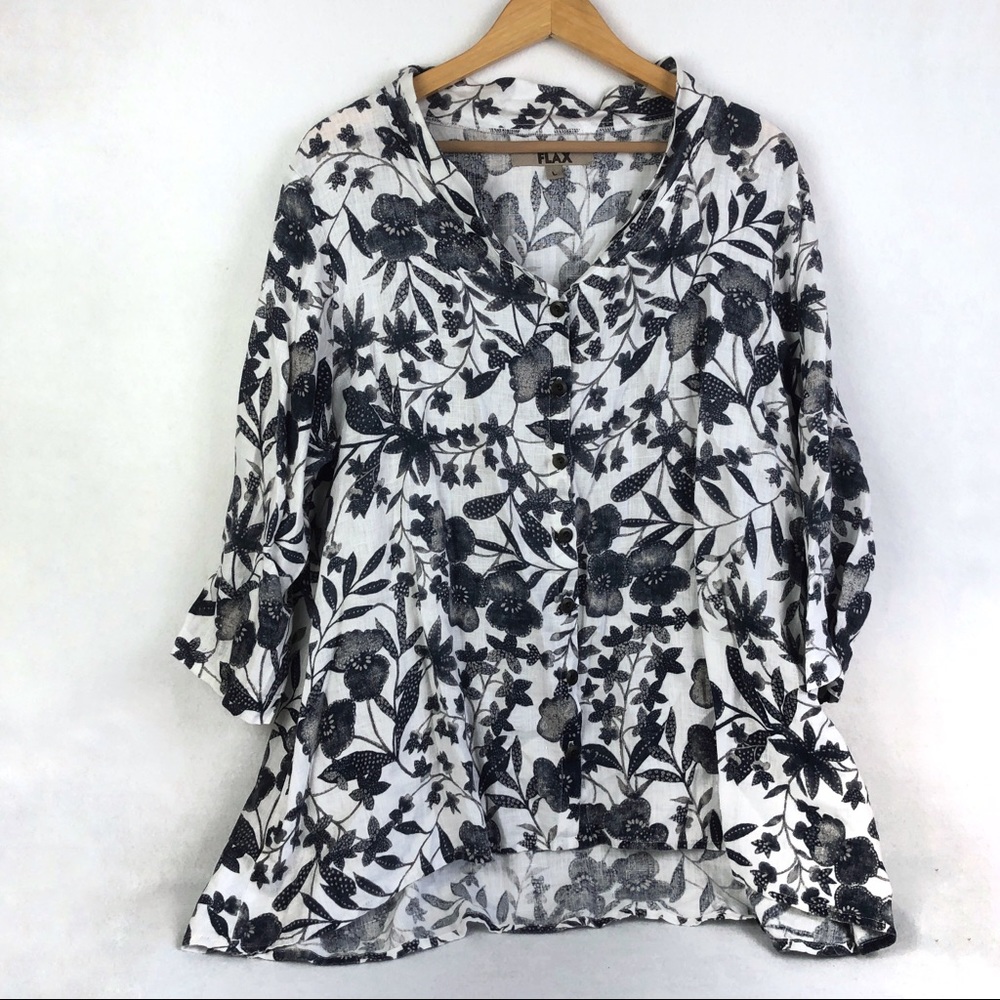 Flax | Women’s Blue and White 100% Linen Floral Button Down Top